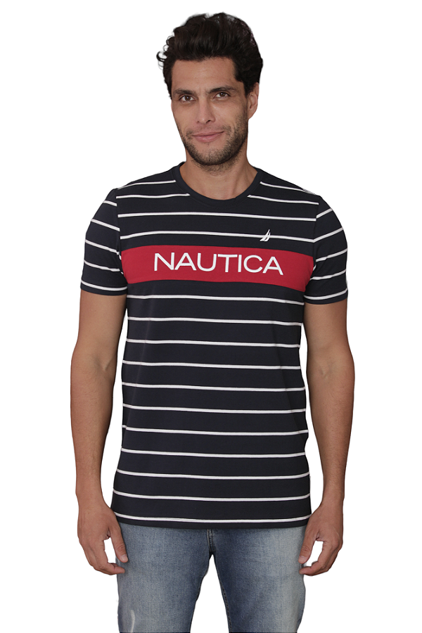 Camiseta Nautica Masculina Listrada Cor Marinho