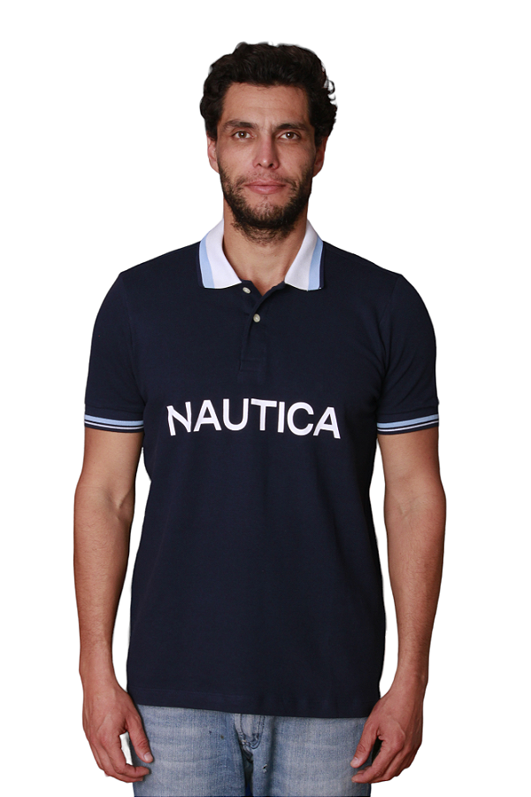 Polo Nautica Masculina Piquet Frisos Logo Colorblock Cor Marinho