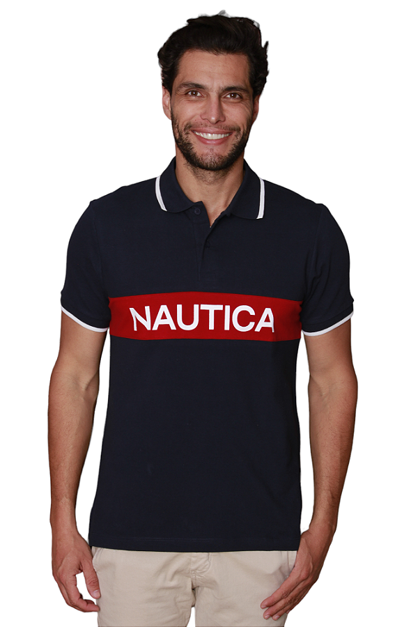 Polo Nautica Masculina Piquet Faixa Cor Vermelha