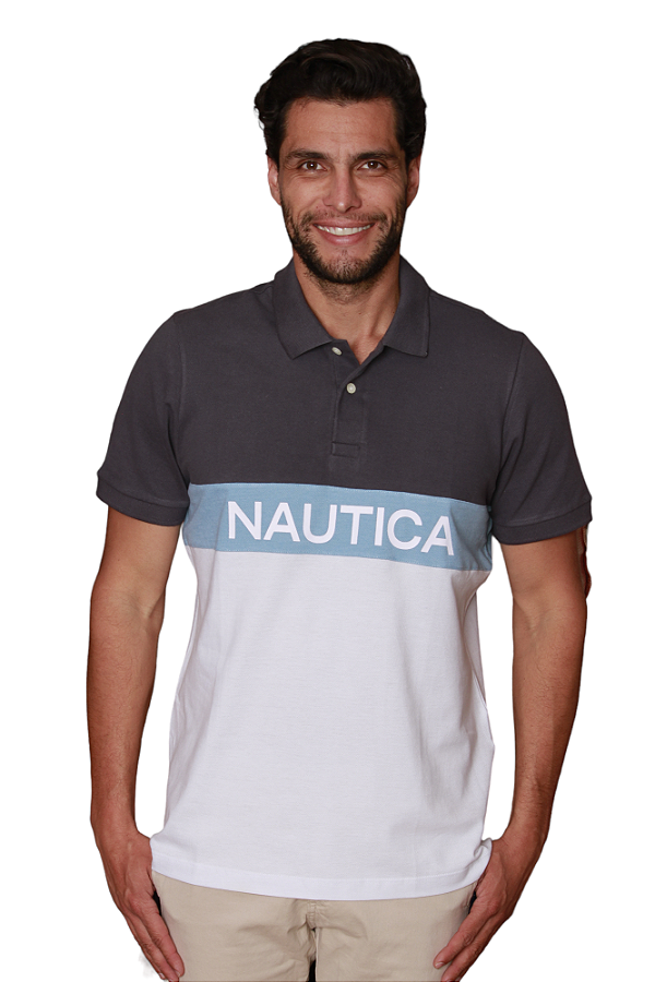Polo Nautica Masculina Piquet Faixa Cor Cinza