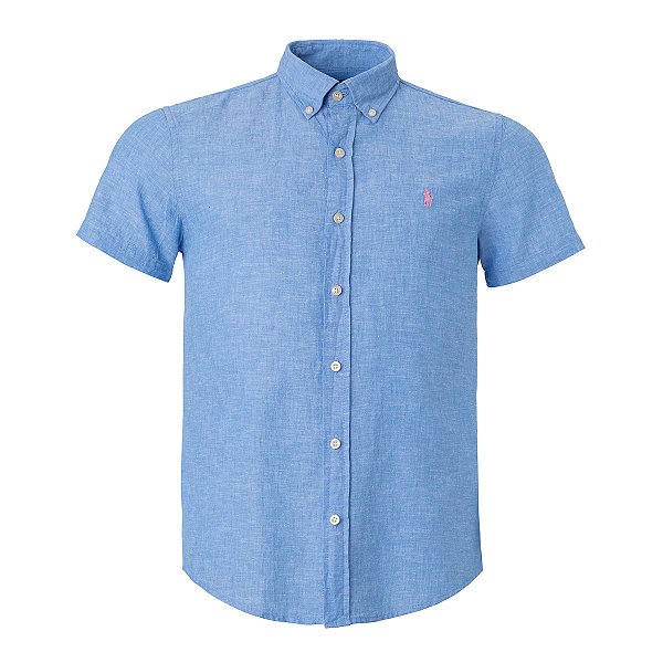 Camisa Ralph Lauren Masculina Linho Manga Curta Cor Azul Claro