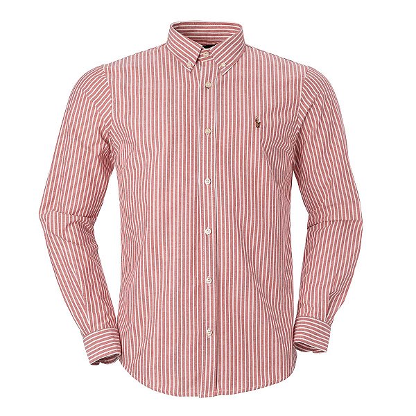 Camisa Ralph Lauren Masculina Oxford Listrada Cor Vermelho