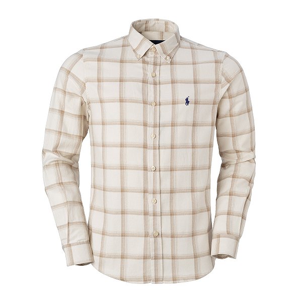 Camisa Ralph Lauren  Masculina Custom Fit Flanela Xadrez Bege