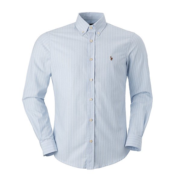 Camisa Ralph Lauren Masculina Oxford Poplin Listrada Cor Azul Clara
