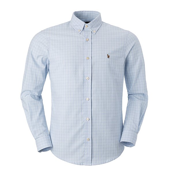 Camisa Ralph Lauren Masculina Oxford Poplin Xadrez Cor Azul Claro