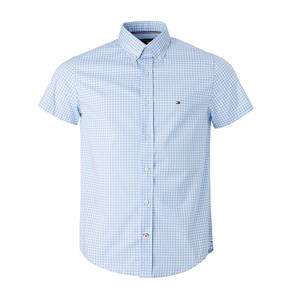 Camisa Tommy Hilfiger Masculina Manga Curta Xadrez Ginghan Branca/Azul