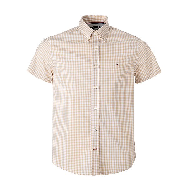 Camisa Tommy Hilfiger Masculina Manga Curta Xadrez Ginghan Branca/Bege