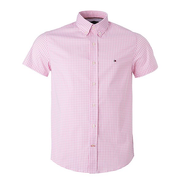 Camisa Tommy Hilfiger Masculina Manga Curta Xadrez Ginghan Branca/Rosa