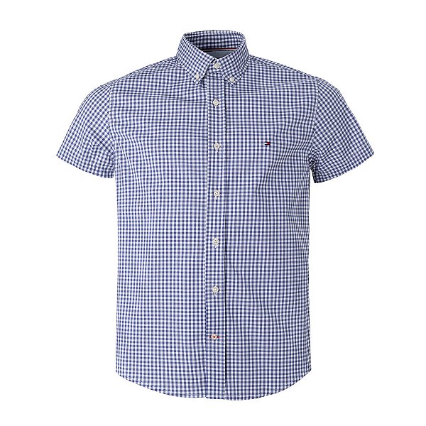 Camisa Tommy Hilfiger Masculina Manga Curta Xadrez Ginghan Branca/Azul