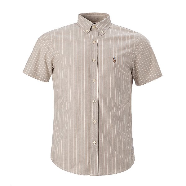 Camisa Ralph Lauren Masculina Manga Curta Fine Striped Oxford Listrada Cor Bege