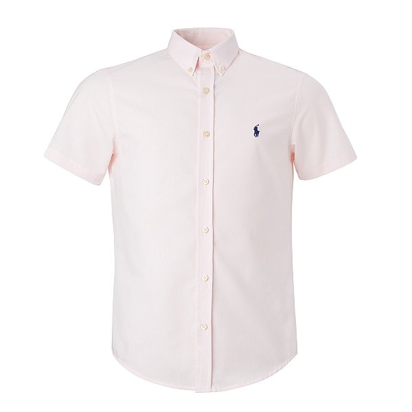 Camisa Ralph Lauren Masculina Custom fit Oxford Manga Curta Cor Rosa
