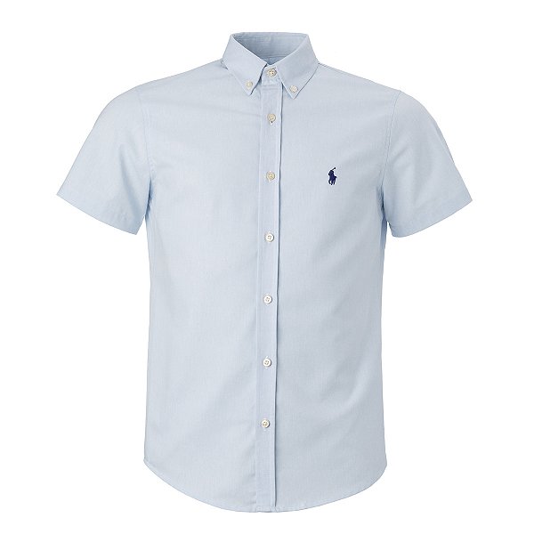 Camisa Ralph Lauren Masculina Custom fit Oxford Manga Curta Cor Azul Clara