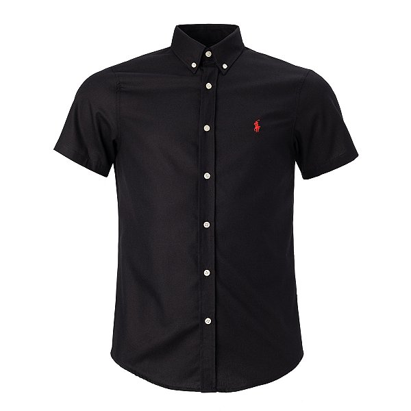 Camisa Ralph Lauren Masculina Custom fit Oxford Manga Curta Cor Preta