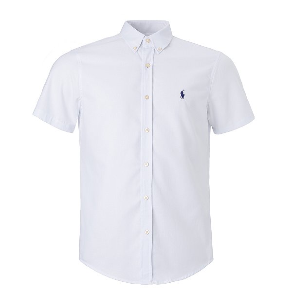 Camisa Ralph Lauren Masculina Custom fit Oxford Manga Curta Cor Branca