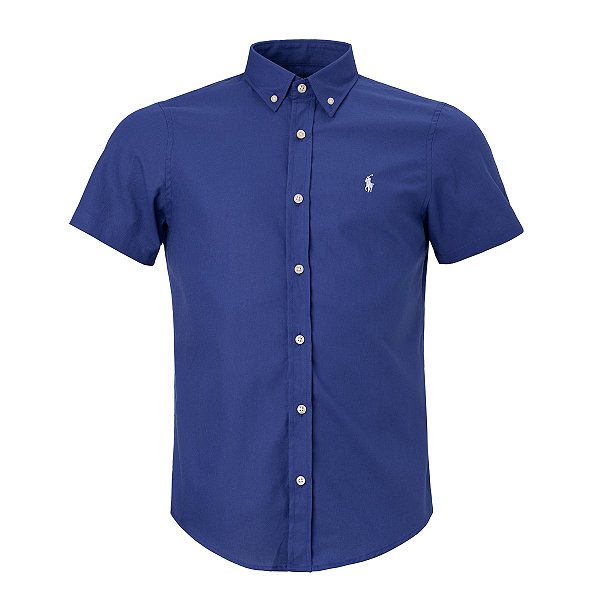 Camisa Ralph Lauren Masculina Custom fit Oxford Manga Curta Cor Azul Royal