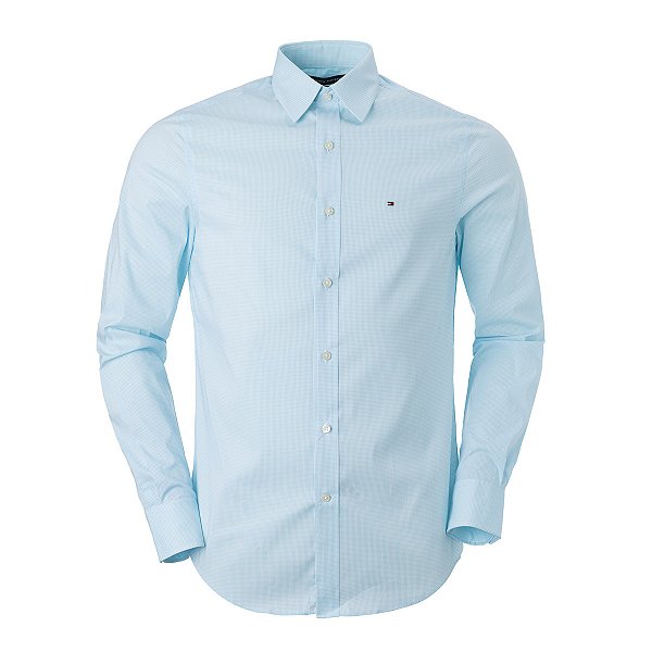 Camisa Tommy Hilfiger Masculina Micro Xadrez Cor Azul Clara