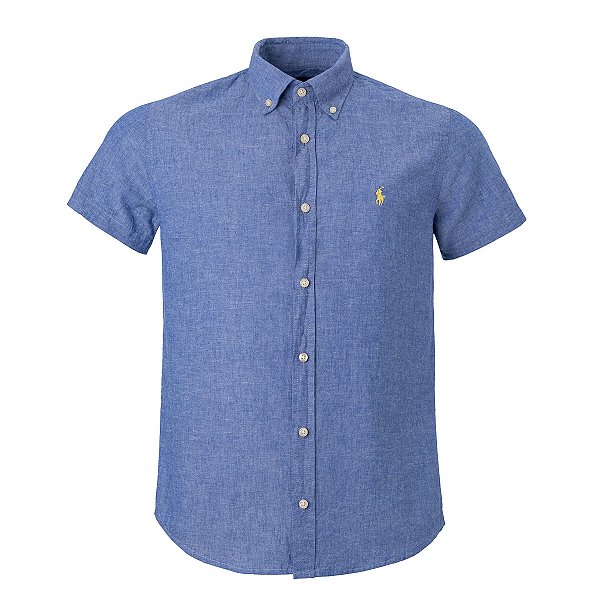 Camisa Ralph Lauren Masculina Custom Fit Linho Cor Azul Mescla