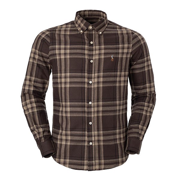 Camisa Ralph Lauren  Masculina Custom Fit Flanela Xadrez Marrom