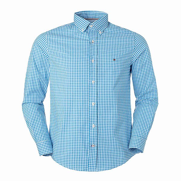 Camisa Tommy Hilfiger Masculina Xadrez Ginghan Azul Celeste