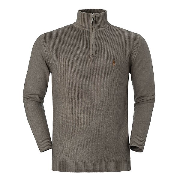 Suéter Ralph Lauren Crewneck Ziper Parcial Cor Cinza Claro