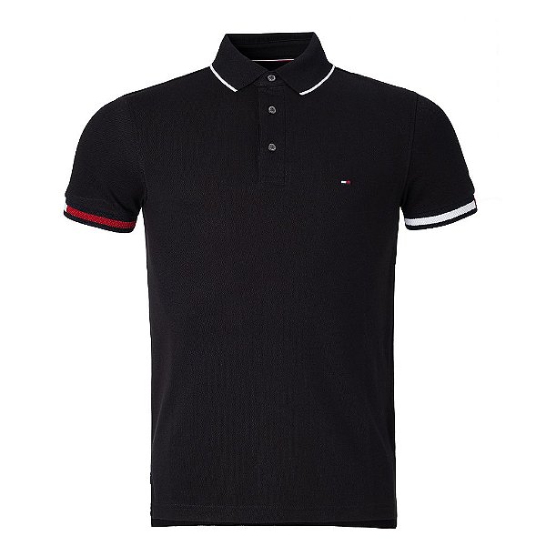 Polo Tommy Hilfiger Masculina Flag Cuff Cor Preta