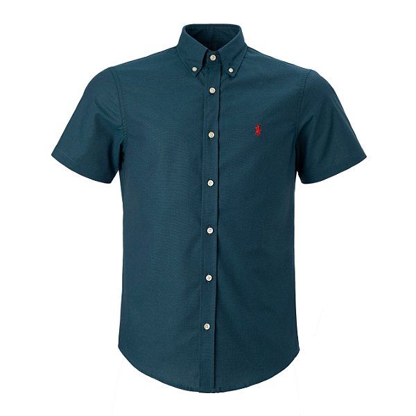 Camisa Ralph Lauren Masculina Custom fit Oxford Manga Curta Cor Azul Petroleo