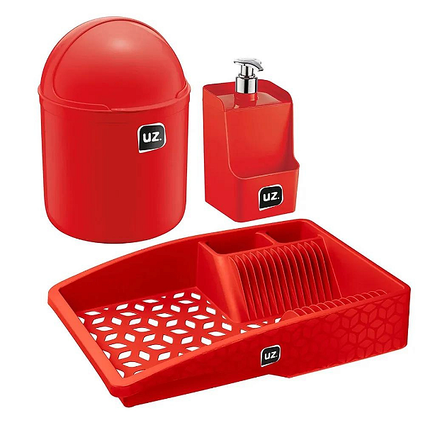 Kit Pia Completo Lixeira 4l + Dispense 500ml + Escorredor - Vermelho Uz