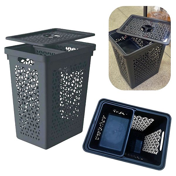 Cesto de Roupas Multiuso com Tampa + Cestinho 6L Ideal para Banheiro e Area de Serviços ou Lojas UZ