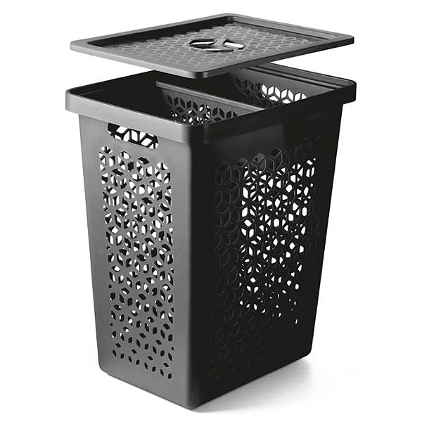 Cesto De Roupa Multiuso C/Tampa + Cestinho P/Prendedor PRETO