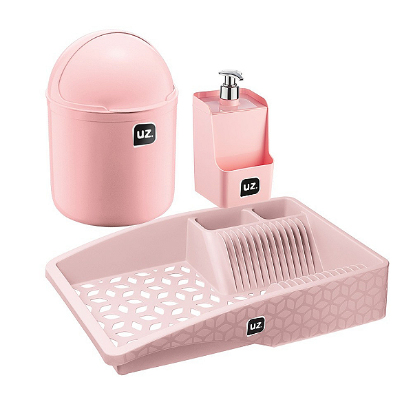 KIT Pia Completo Lixeira 4l + Dispense 500ml + Escorredor - Rosa UZ
