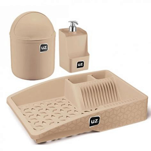 KIT Pia Completo Lixeira 4l + Dispense 500ml + Escorredor - Capuccino UZ