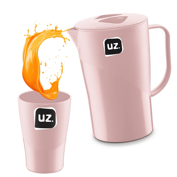 Jarra de Suco e Agua Com Tampa 2L Com 6 Copos 300ML Plástico Premium Uz - Rosa