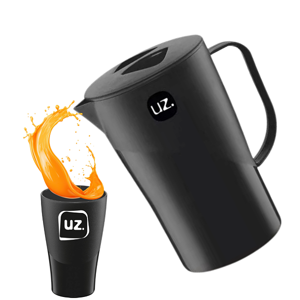 Jarra de Suco e Agua Com Tampa 2L Com 6 Copos 300ML Plástico Premium Uz - Preto