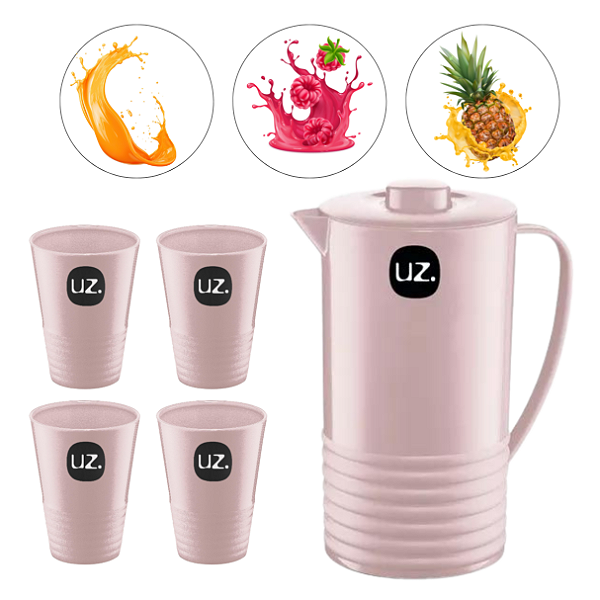 Jarra de Suco e Agua Com Tampa 1,8L Com 4 Copos 300ML Plástico Premium Uz - Rosa