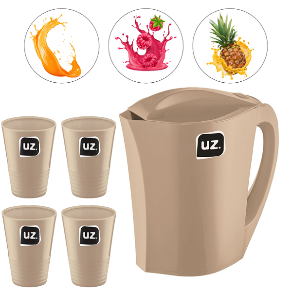 Jarra De Suco E Agua Premium 1,5L com 4 Copos 300ml Plástico Capuccino - UZ