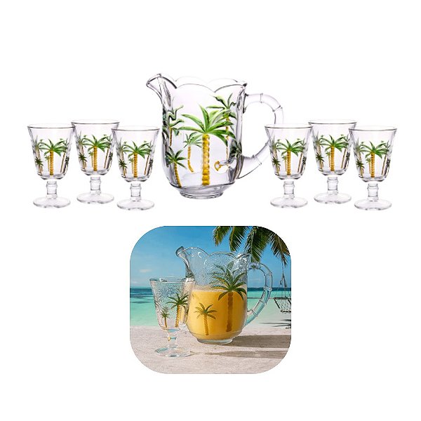 CJ 7PC JARRA C/6 TACAS DE CRISTAL DE CHUMBO PALM HAND PAINTING 1,3L/240ml