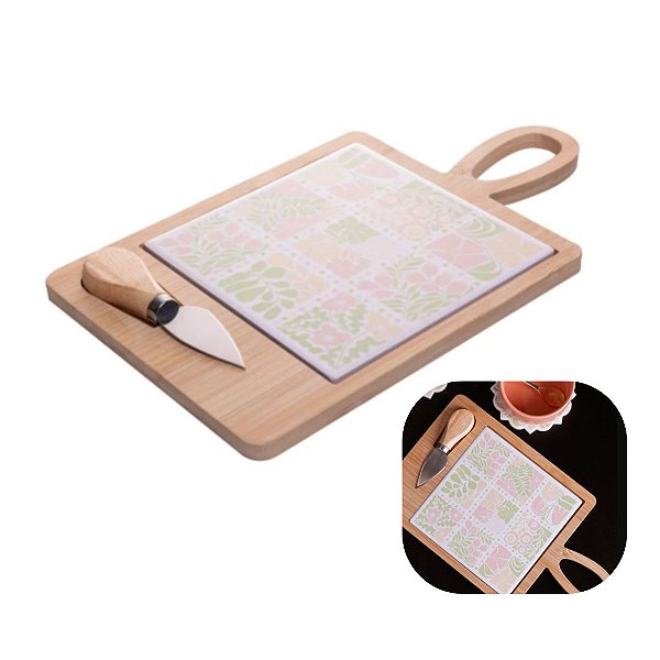 CJ 3 PECAS PARA QUEIJO COM TABUA E FACA FLORAL 30CM X 17CM X 2,5CM BAMBU