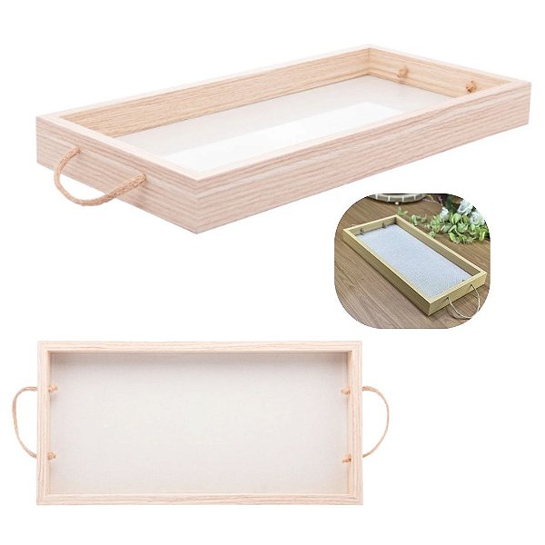 BANDEJA RETANGULAR DE MDF COM FUNDO TIPO PALHA NATURAL E ALCA 41,5CM X 21,5CM X 4CM