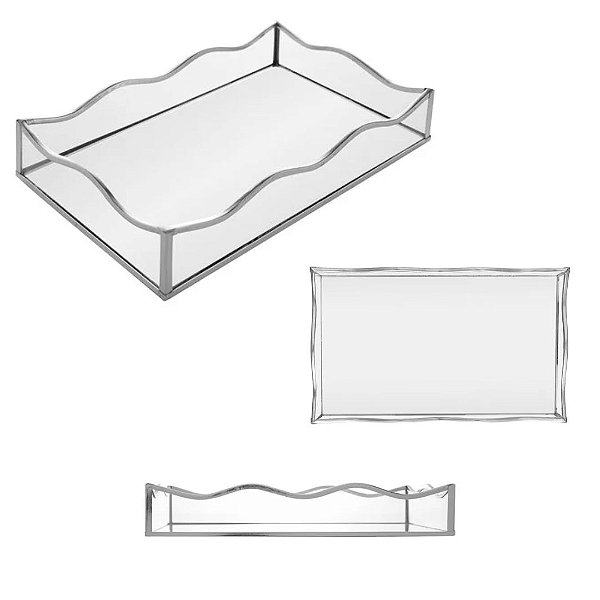 BANDEJA COM ESPELHO OCEAN 20CM X 30CM X 4CM PRATEADA METAL
