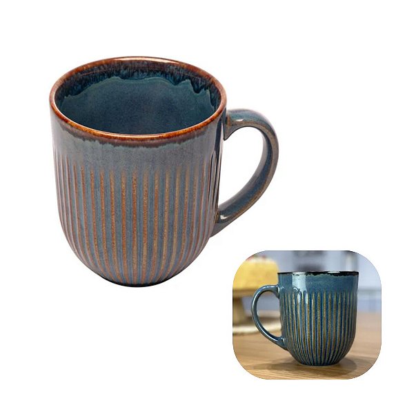 Caneca De Cerâmica Linear Azul 380ml Café e Chá Lyor Premium