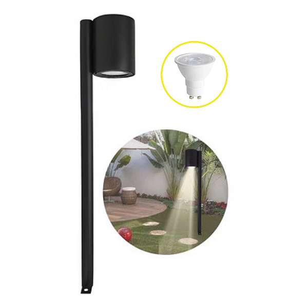 Poste de Jardim 40cm Tubo Cúpula Redondo Preto + Lâmpada Dicroica Mr16 Para Chácaras, Sítios e Condomínios