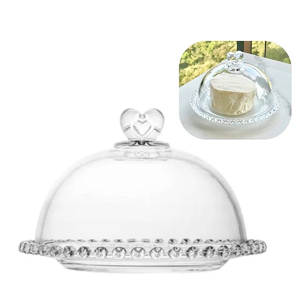 Queijeira Porta Queijo com tampa em Cristal Borda de Coração 19,5x13cm Lyor