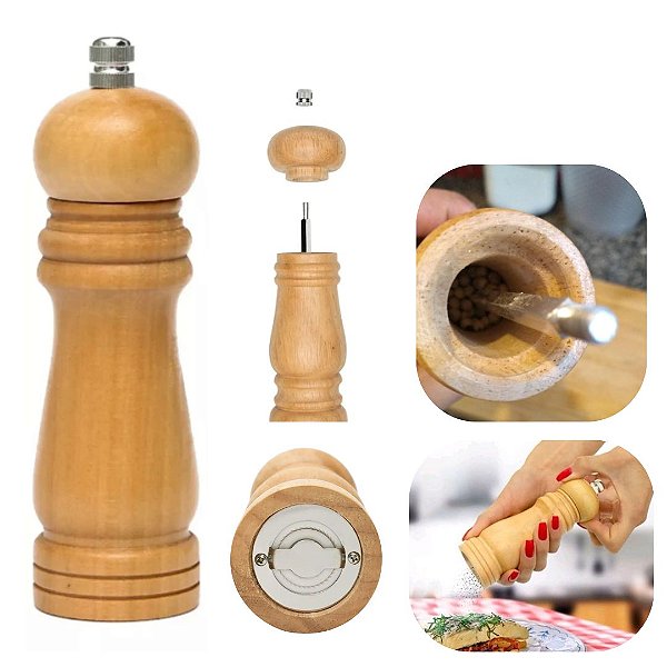 Moedor Manual de Sal, Pimenta e Temperos 20cm Moer Grão Lamina em Aço Inox Elegante