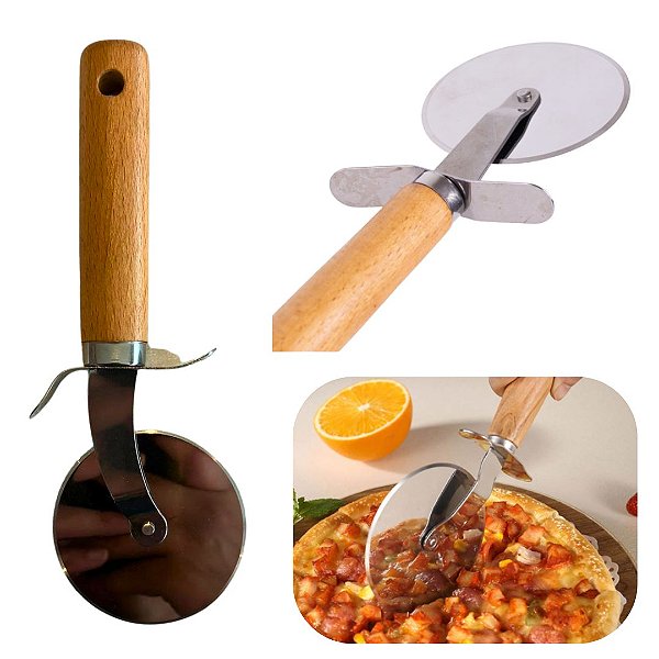 Cortador de Pizza Carretilha em Aço Inox e Cabo em Bambu Ideal para Corte de Massas Pizzaria