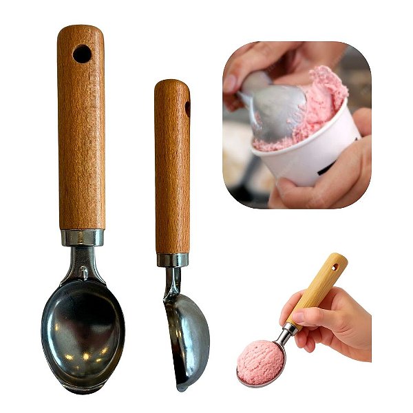 Colher de Sorvete e Açai em Aço Inox e Cabo em Bambu Para Sorveteria e Cozinha
