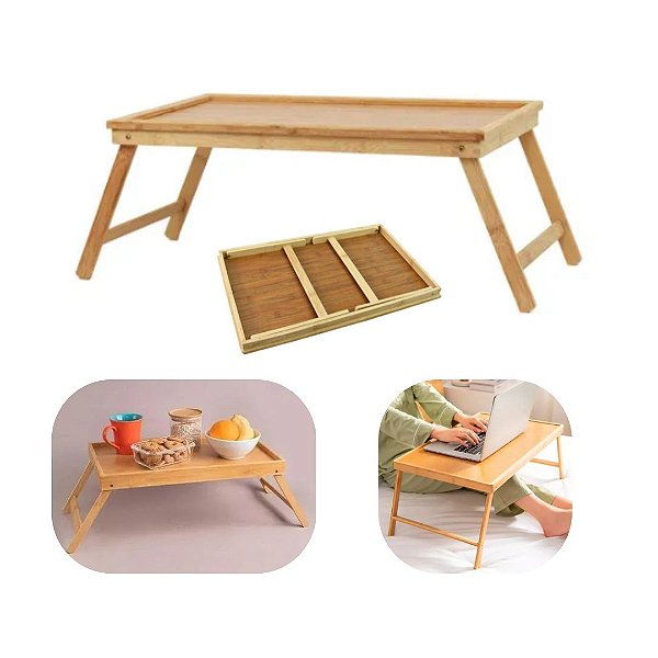 Bandeja e Mesa de Café da Manhã ou Suporte De Notebook em Bambu 50x30cm Elegante Luxo
