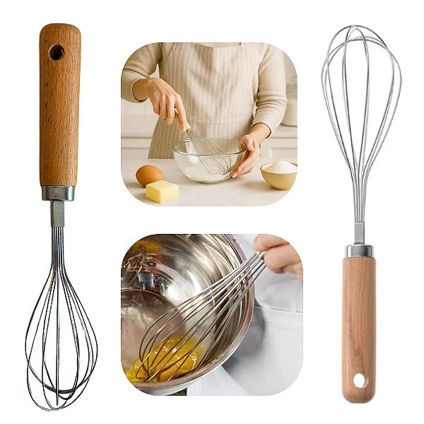Batedor Fue Para Ovos em Aço Inox e Cabo em Bambu 23cm Cozinha