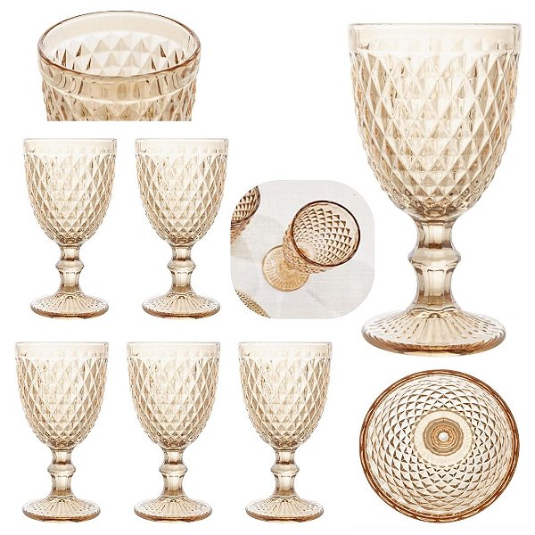 Jogo 6 Taças de Água e Sucos 300ml em Vidro Ambar Bico de Abacaxi Dourado Golden Mesa Posta
