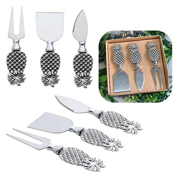 Kit Conjunto de Queijo e Petiscos 3 Peças Linha Abacaxi em Metal Prateado Elegante e Classic