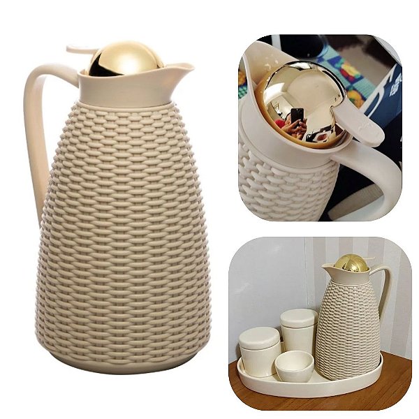 Garrafa de Café Termica 1 Litro Bege New Rattan Tampa Dourada Wolff Mesa Posta de Luxo
